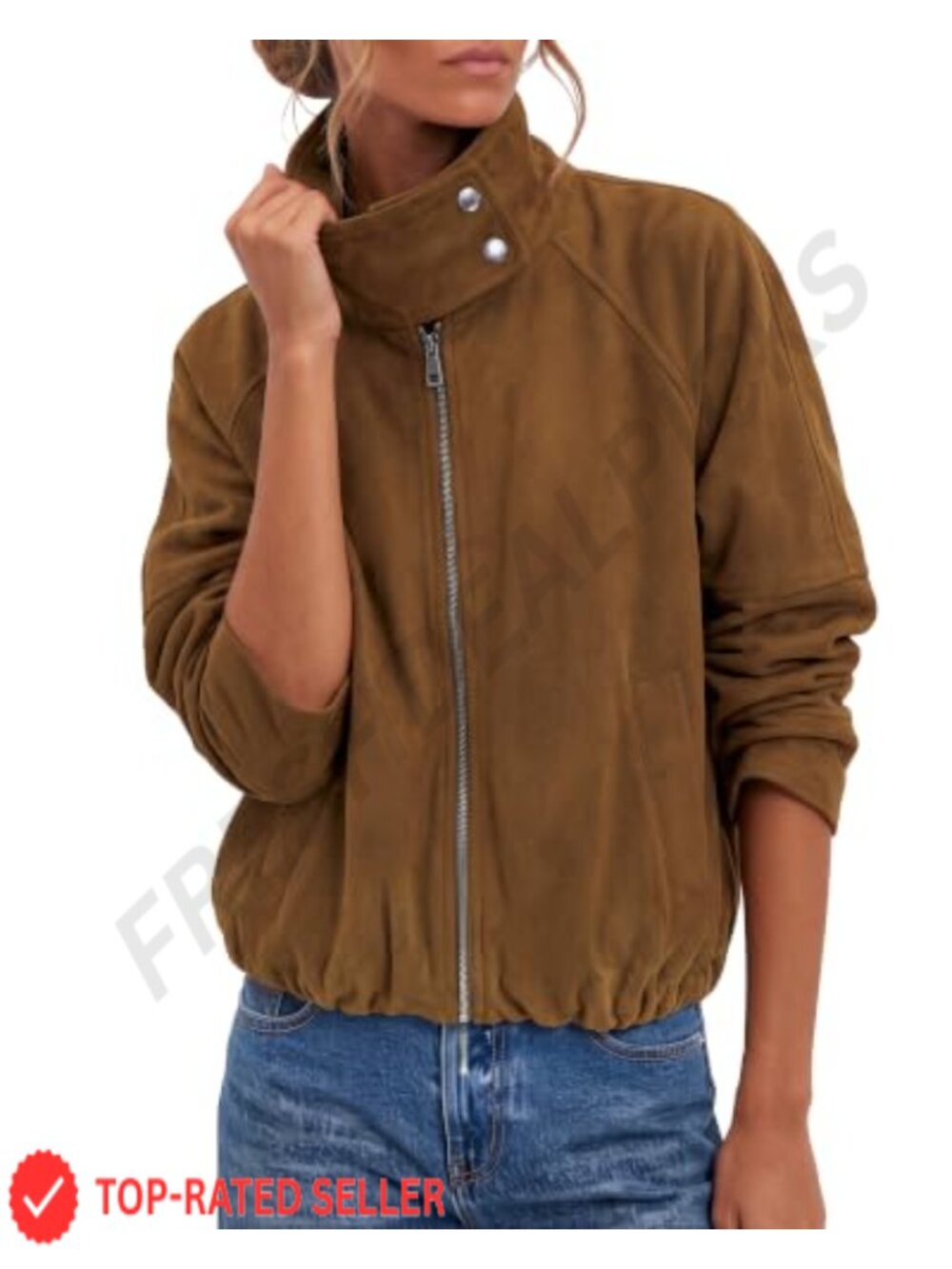 Women's Faux Suede Cropped Funnel Neck Zip Up Bomber Jacket